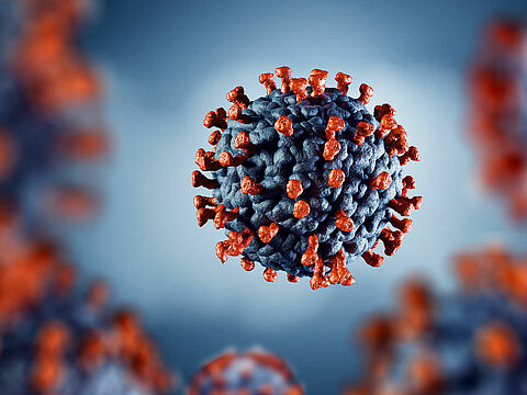3D illustration of COVID-2019 coronavirus in microscope